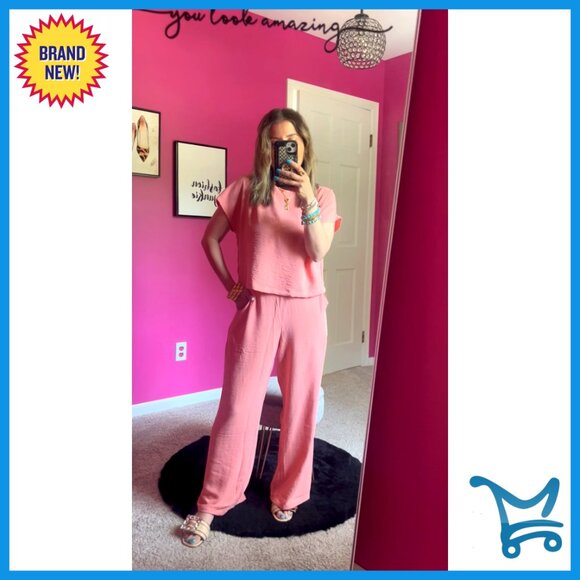 Summer Lounge Set Cap Sleeve Crop Top Wide Leg Pants Matching Outfit - Picture 6 of 7